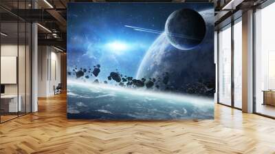 Sunrise over group of planets in space Wall mural