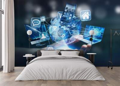 Tech devices and icons connected to digital planet earth Wall mural