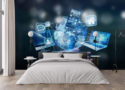 Tech devices and icons connected to digital planet earth Wall mural