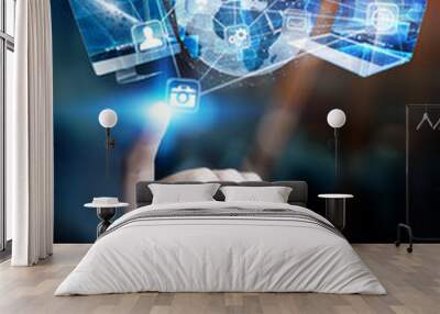 Tech devices and icons connected to digital planet earth Wall mural