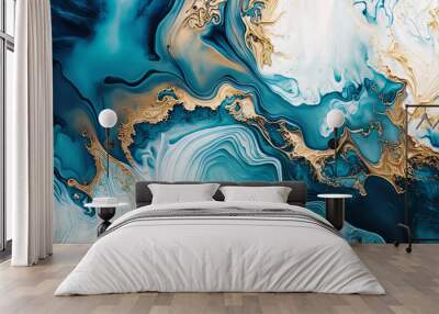 Texture imitating blue painting with running golden details. Abstract swirling marble paint wallpaper. Generative Ai Wall mural