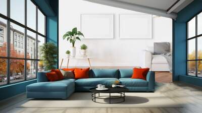 Two horizotnal frames hanging in modern living room Mockup 3D rendering Wall mural