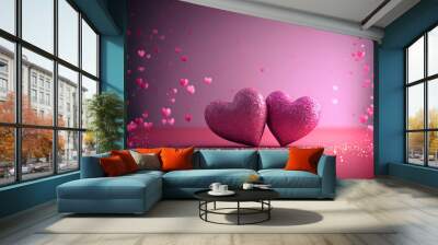 two pink hearts with nice glittery texture details on empty background. valentine’s day generative a Wall mural