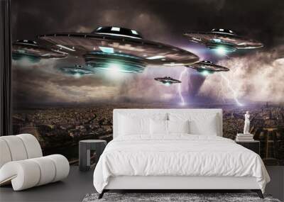 UFO invasionover planet earth city 3D rendering Wall mural