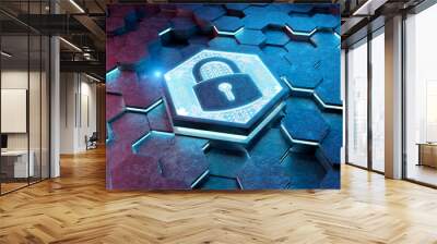 Web security icon concept engraved on metal hexagonal pedestral background. Padlock Logo glowing on abstract digital surface. 3d rendering Wall mural