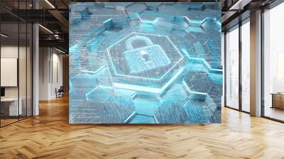 Web security icon concept engraved on metal hexagonal pedestral background. Padlock Logo glowing on abstract digital surface. 3d rendering Wall mural