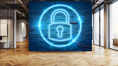 Web security neon icon illuminating a brick wall with blue and pink glowing light 3D rendering Wall mural