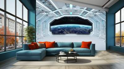 White blue spaceship futuristic interior with window view on planet Earth 3d rendering Wall mural