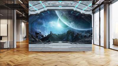 White clean spaceship interior with view on planet Earth 3D rendering Wall mural