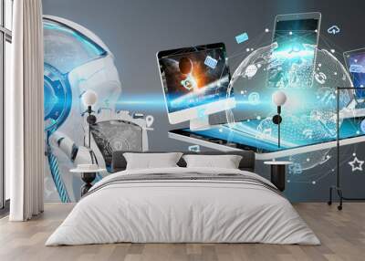 White cyborg connecting devices together 3D rendering Wall mural