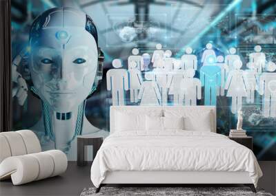 White cyborg controlling group of people 3D rendering Wall mural