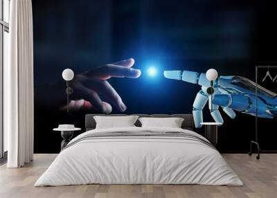 White cyborg finger about to touch human finger 3D rendering Wall mural