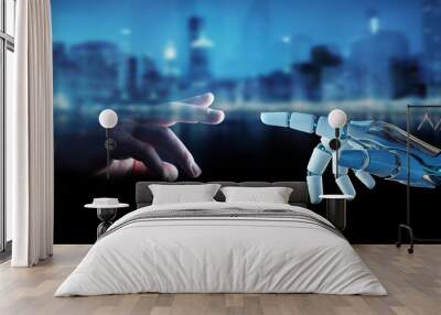 White cyborg finger about to touch human finger 3D rendering Wall mural