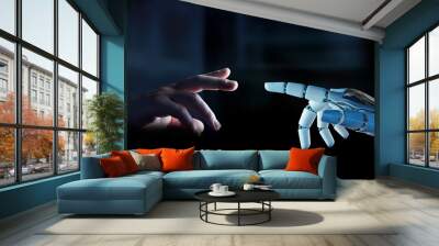 White cyborg finger about to touch human finger 3D rendering Wall mural