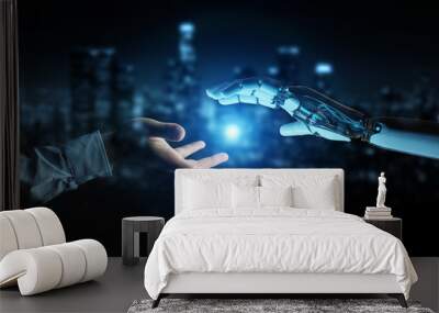 White cyborg hand about to touch human hand 3D rendering Wall mural