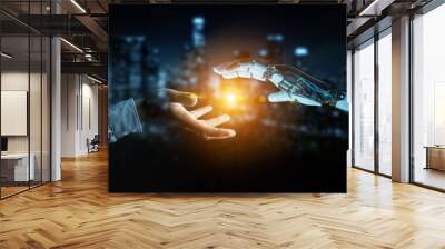 White cyborg hand about to touch human hand 3D rendering Wall mural