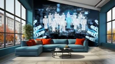 White cyborg hand controlling group of people 3D rendering Wall mural