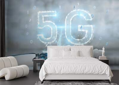 White cyborg hand using 5G network digital hologram 3D rendering Wall mural