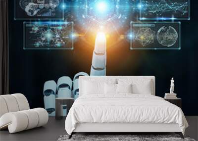 White cyborg hand using digital datas interface 3D rendering Wall mural