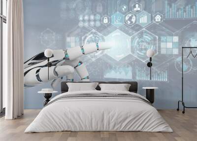 White cyborg hand using digital datas interface 3D rendering Wall mural