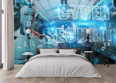 White humanoid using cyber security text hologram 3D rendering Wall mural