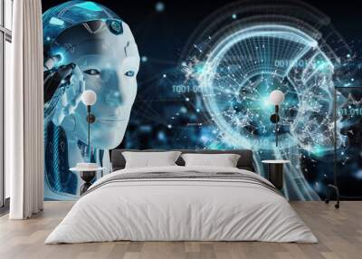 White male cyborg creating artificial intelligence 3D rendering Wall mural