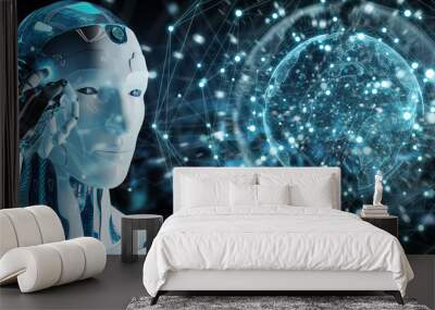 White male robot using digital screen interface 3D rendering Wall mural