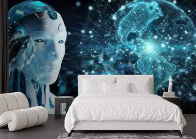 White man cyborg using planet Earth interface 3D rendering Wall mural