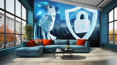 White man humanoid using web security 3D rendering Wall mural