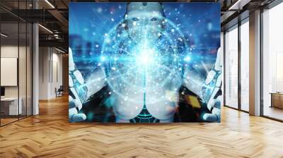 White robot creating renewable and sustainable eco energy with electrical sphere 3D rendering Wall mural