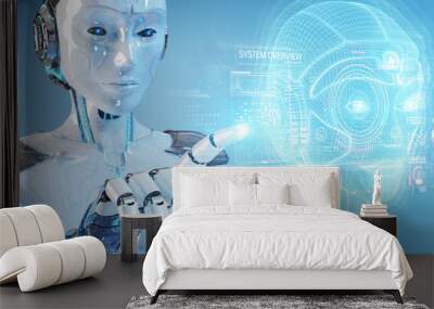 White robot  using digital artificial intelligence head interface 3D rendering Wall mural