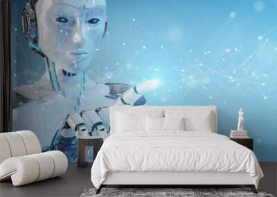 White robot using floating digital network connections with dots and lines 3D rendering Wall mural