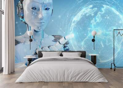 White robot woman using digital sphere connection hologram 3D rendering Wall mural