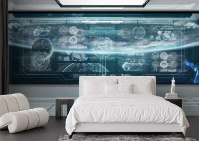 White spaceship interior with control panel digital screens 3D rendering Wall mural