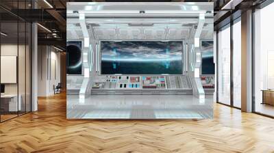 White spaceship interior with large window view 3D rendering Wall mural