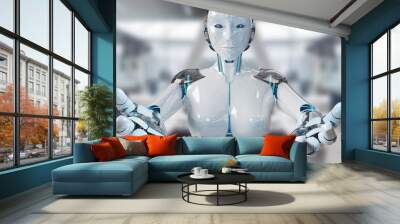 White woman cyborg opening her two hands 3D rendering Wall mural