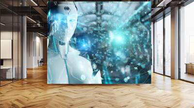 White woman humanoid using digital global network 3D rendering Wall mural