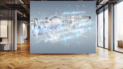 Wireframe holographic 3D digital projection of an engine Wall mural