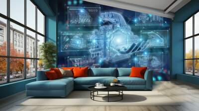 Wireframe holographic projection of an engine on blue background 3D rendering Wall mural