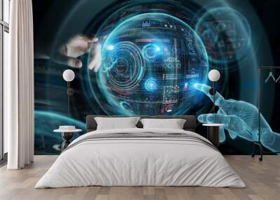 Wireframed robot hand and human hand touching digital graph interface on dark 3D rendering Wall mural