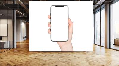 Woman hand holding modern smatphone mockup on white Wall mural