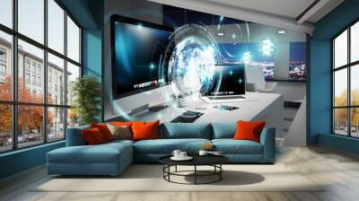 Workplace with modern devices and hologram screens 3D rendering Wall mural