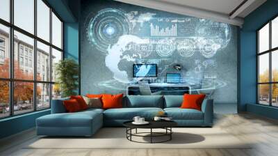 Workplace with modern devices and hologram screens 3D rendering Wall mural