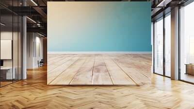 Background for a cosmetic, fragrance or beverage product packshot - pastel blue plaster wall and wooden floor in the foreground Wall mural