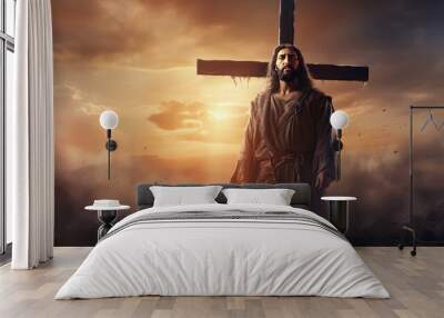 Biblical illustration series, close up of Jesus on the cross wearing a crown of thorns Wall mural