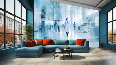 Blurred doctor woman walk fast movement in  hospital with patients waiting on seats background. Generated ai. Wall mural