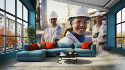 Groups of engineers in white jumpsuits and helmets smiling at work, standing in a petrochemical plant Wall mural