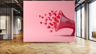 Megaphone, loudspeaker send message with red hearths on pink background banner Wall mural