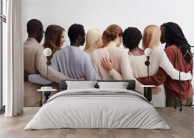 Rearview of diverse people hugging each other on white background  Wall mural