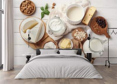 Top view photo of dairy products over white wooden background. Symbols of Jewish holiday - Shavuot Wall mural